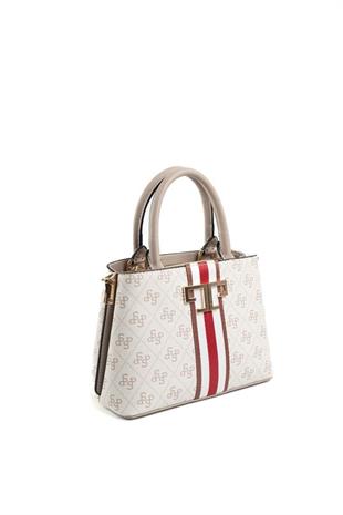 Silver & Polo SP987 Kadın El Çantası Şeritli Monogram Bej-Kum