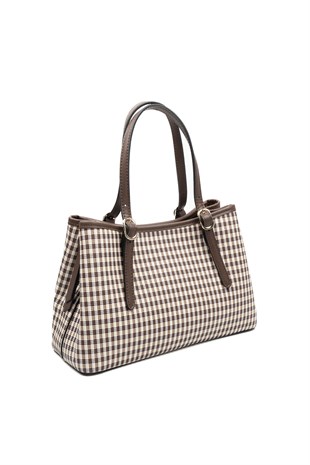 Silver & Polo SP1252 Kadın El Çantası Ekose Line Kare Kahve Sarı-Kahve