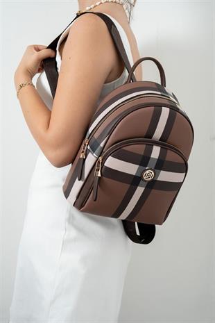 Silver & Polo SP1062 Kadın Sırt Çantası Ekose Koyu Kahve-Kahve