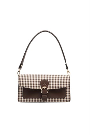 Silver & Polo SP1279 Kadın Çapraz Çanta Ekose Line Kare Kahve Sarı-Kahve