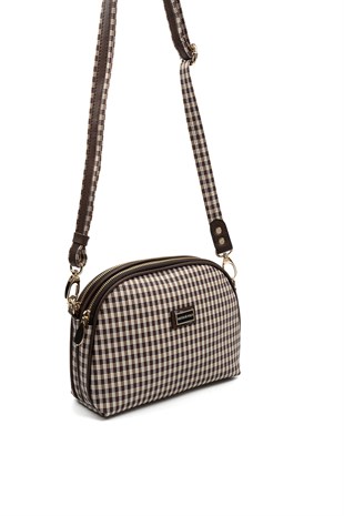 Silver & Polo SP765 Kadın Çapraz Çanta Ekose Line Kare Kahve Sarı-Kahve