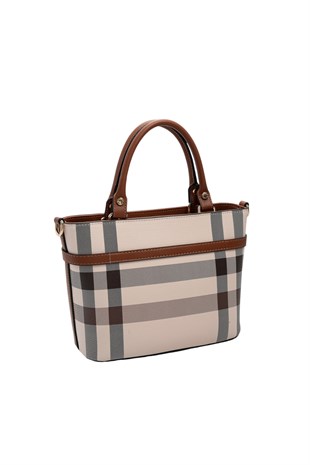 Silver Polo Krem - Taba Ekose Kadın El Çantası SP1283