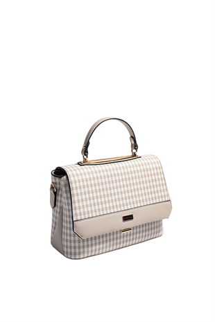 Silver & Polo SP838 Kadın Çapraz Çanta Ekose Line Kare Kahve Sarı-Kahve