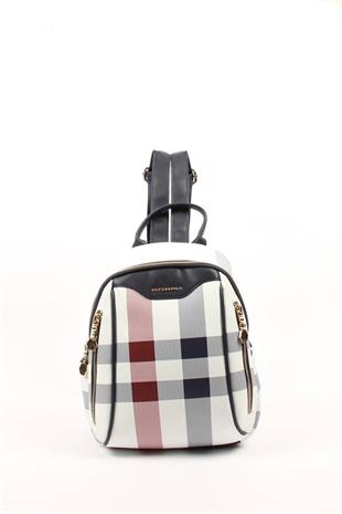 Silver & Polo SP906 Kadın Sırt Çantası Ekose Beyaz-Lacivert