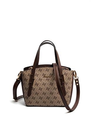 Silver & Polo SP1021 Kadın El Çantası Monogram Koyubej-Kahve
