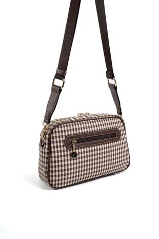 Silver & Polo SP1094 Kadın Çapraz Çanta Ekose Line Kare Kahve Sarı-Kahve