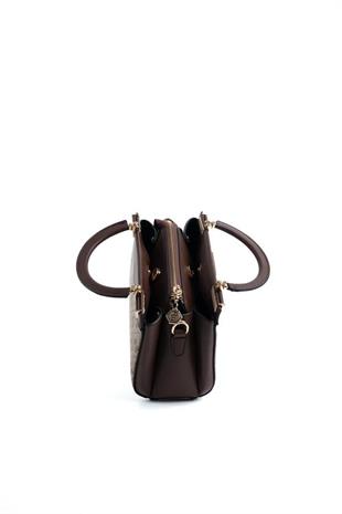 Silver & Polo SP1193 Kadın El Çantası Monogram Koyubej-Kahve