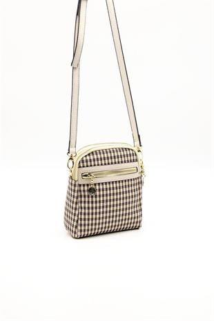 Silver & Polo SP1157 Kadın Çapraz Çanta Ekose Line Kare Kahve Sarı-Bej