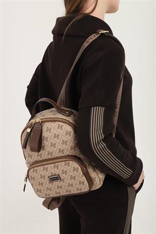 Silver & Polo SP1130 Kadın Sırt Çantası Monogram Koyubej-Kahve
