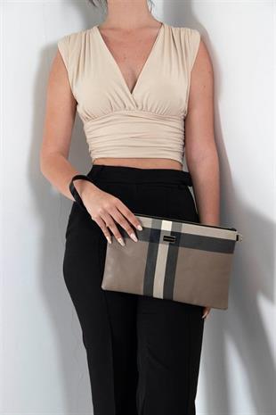 Silver Polo Kahve - Siyah Ekose Kadın Portföy ve Clutch El Çantası SP1034