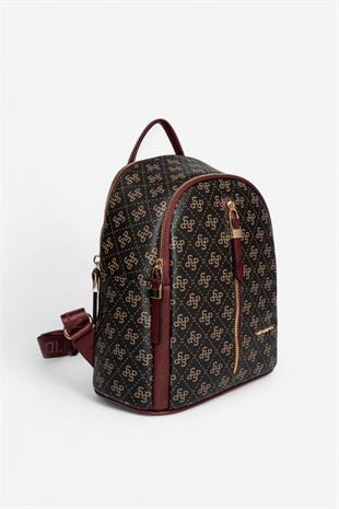 Silver & Polo SP901 Kadın Sırt Çantası Monogram Kahve Sarı-Bordo