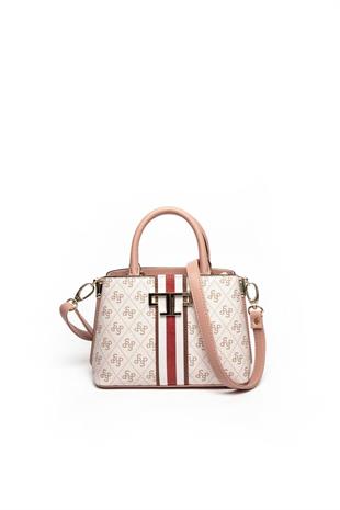 Silver & Polo SP987 Kadın El Çantası Şeritli Monogram Pembe-Somon