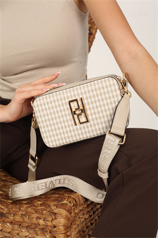 Silver & Polo SP1078 Kadın Çapraz Çanta Ekose Line Kare Kum Beji-Kum