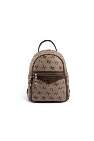 Silver & Polo SP983 Kadın Sırt Çantası Monogram Koyubej-Kahve