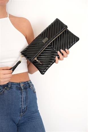 Silver Polo Rugan Siyah - Rugan Siyah Kapitone V Kadın Portföy ve Clutch El Çantası SP1134