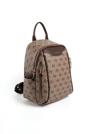 Silver & Polo SP906 Kadın Sırt Çantası Monogram Koyubej-Kahve
