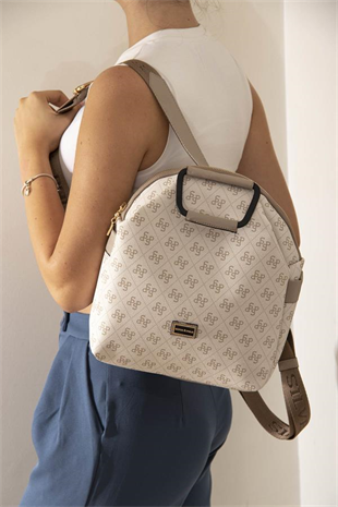 Silver & Polo SP771 Kadın Sırt Çantası Monogram Bej-Kum