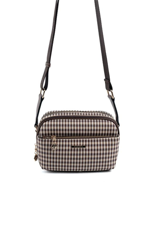 Silver & Polo SP1162 Kadın Çapraz Çanta Ekose Line Kare Kahve Sarı-Kahve