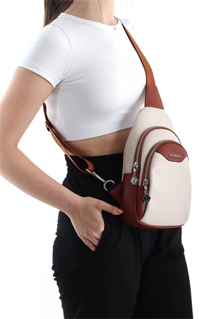 Silver & Polo SP959 Kadın Vücut Çantası Düz Bej-Taba
