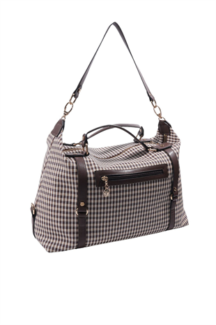 Silver & Polo SP1064 Kadın Seyahat Çantası Ekose Line Kare Kahve Sarı-Kahve