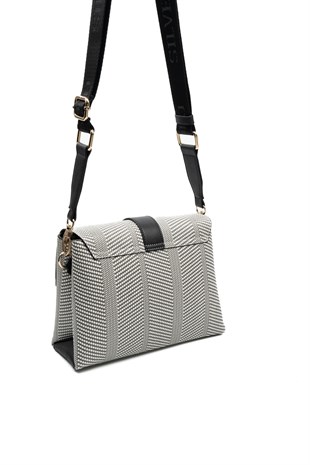 Silver & Polo SP1275 Kadın Çapraz Çanta Hasır Siyah Beyaz-Siyah