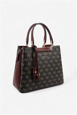 Silver & Polo SP969 Kadın El Çantası Monogram Kahve Sarı-Bordo
