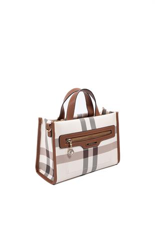 Silver & Polo SP1271 Kadın El Çantası Ekose Krem-Taba
