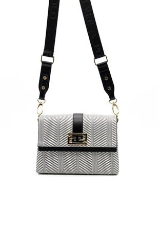 Silver & Polo SP1009 Kadın Çapraz Çanta Hasır Siyah Beyaz-Siyah