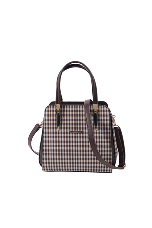 Silver & Polo SP1136 Kadın El Çantası Ekose Line Kare Kahve Sarı-Kahve