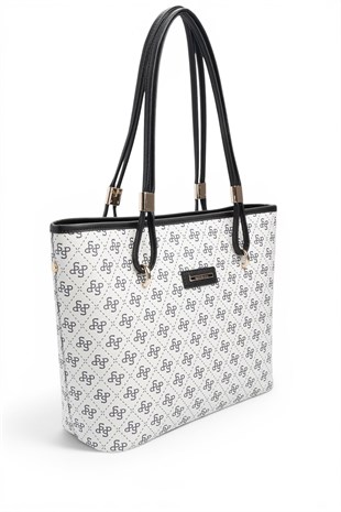 Silver Polo Beyaz - Siyah Monogram Kadın Omuz Çantası SP1282