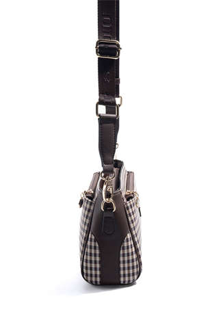 Silver Polo SP1273 Kadın Çapraz Çanta Ekose Line Kare Kahve Sarı-Kahve