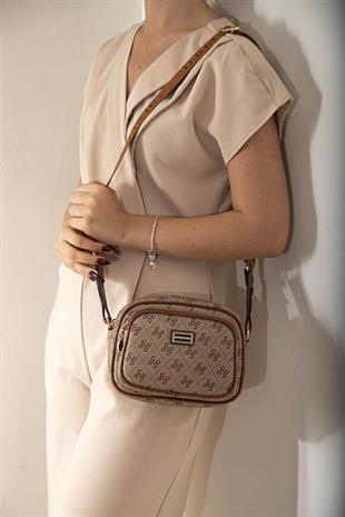 Silver & Polo SP1111 Kadın Çapraz Çanta Monogram Koyu Bej-Taba