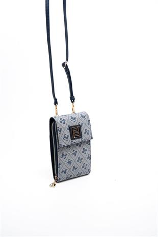 Silver & Polo SP1145 Kadın Telefon Çantası Monogram Gri-Lacivert