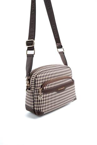 Silver & Polo SP1201 Kadın Çapraz Çanta Ekose Line Kare Kahve Sarı-Kahve