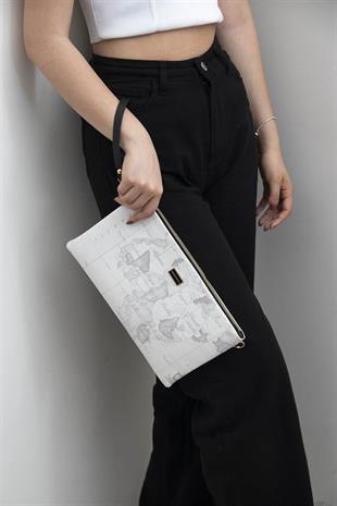 Silver & Polo SP1034 Kadın Portföy & Clutch Harita Beyaz-Antrasit