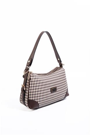 Silver Polo SP1269 Kadın Omuz Çantası Ekose Line Kare Kahve Sarı-Kahve