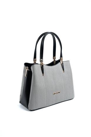 Silver & Polo SP1205 Kadın El Çantası Hasır Siyah Beyaz-Siyah