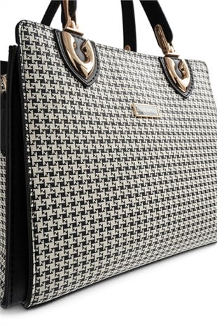Silver Polo Siyah - Siyah Kaz Ayağı Ekose Kadın El Çantası SP1133