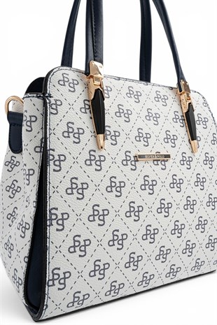 Silver Polo Beyaz - Lacivert Monogram Kadın El Çantası SP1136