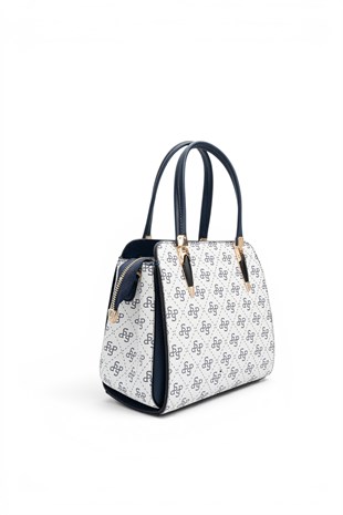 Silver Polo Beyaz - Lacivert Monogram Kadın El Çantası SP1136