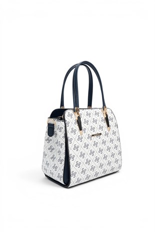 Silver Polo Beyaz - Lacivert Monogram Kadın El Çantası SP1136