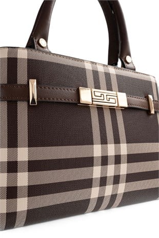 Silver Polo Kahve - Kahve Çizgili Ekose Kadın El Çantası SP1149