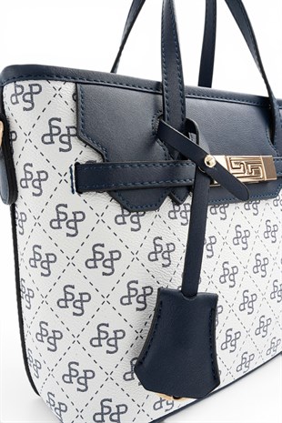 Silver Polo Beyaz - Lacivert Monogram Kadın El Çantası SP1185