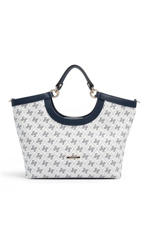 Silver Polo Beyaz - Lacivert Monogram Kadın El Çantası SP1189