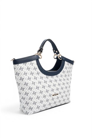 Silver Polo Beyaz - Lacivert Monogram Kadın El Çantası SP1189