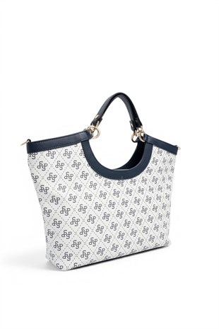 Silver Polo Beyaz - Lacivert Monogram Kadın El Çantası SP1189