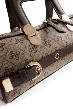 Silver Polo Koyu Bej - Kahve Monogram Kadın El Çantası SP1258