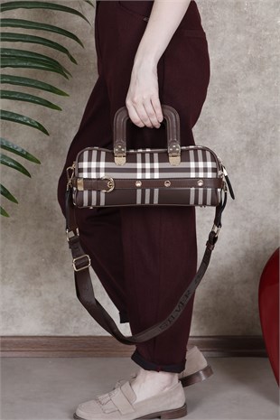 Silver Polo Kahve - Kahve Ekose Kadın El Çantası SP1258