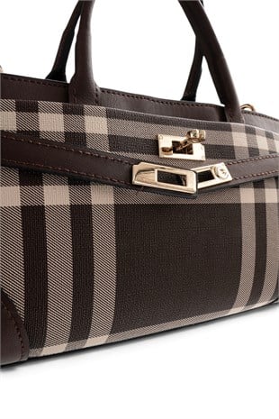 Silver Polo Kahve - Kahve Çizgili Ekose Kadın El Çantası SP1260