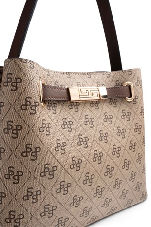 Silver Polo Koyu Bej - Kahve Monogram Kadın El Çantası SP1293